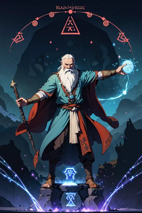 (masterpiece,best quality,absurdres,lineart:1),original design,epic fantasy,(cinematic:1.5),1boy,elder wizard,long beard,(runic symbols:1.5),(particle effects:1.5),close-up