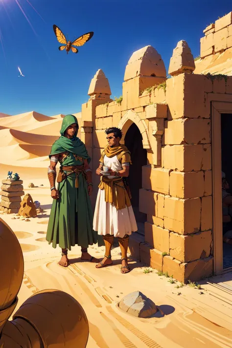 (masterpiece,best quality,absurdres,lineart:1),original design,epic fantasy,(eastern:1.2) kingdom,(vast desert:1.2),sand dunes,sparce flora,sparce fauna,(stone structures:1.1),(insects:0.9),(bones:0.9),(rocks:0.9),(heat distortion:1.2),blurry foreground,harsh sunlight,(populated:0.9),(common folk:0.9),(guardsmen:0.9),(soldiers:0.9),(caravan:0.9)