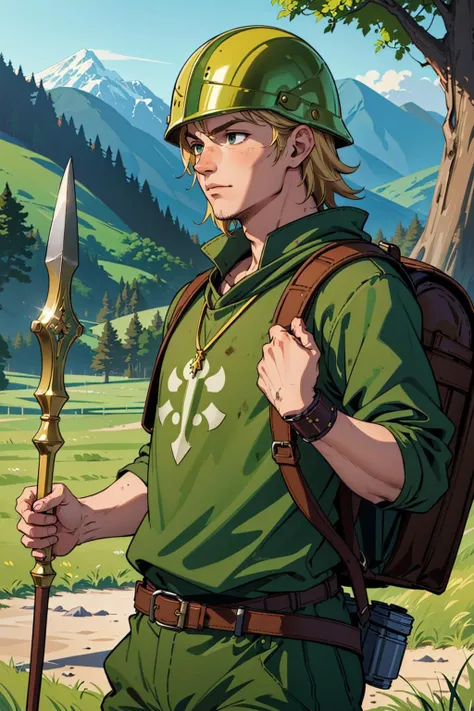 (masterpiece,best quality,absurdres,lineart:1.2),1boy,close-up,medieval fantasy,blonde hair,accessories,(bulky brown backpack:1.1),spear,(dirty:1.3),green attire,helmet,male soldier