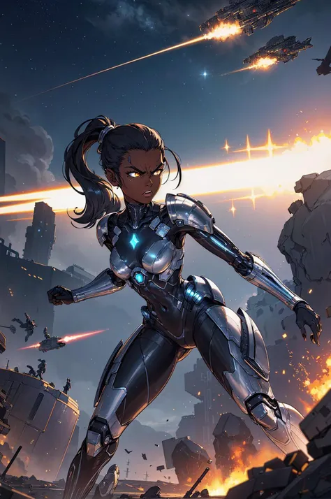 (best quality:1.1)original,1girl,dark skin,long hair,ponytail,(metallic:1.3),sci-fi,(sleek:1.3),tech armor,battlefield,combat,lazers,debris,(angry:1.1),mouth open,vehicles,soldiers,scenery,terrain,action,movement