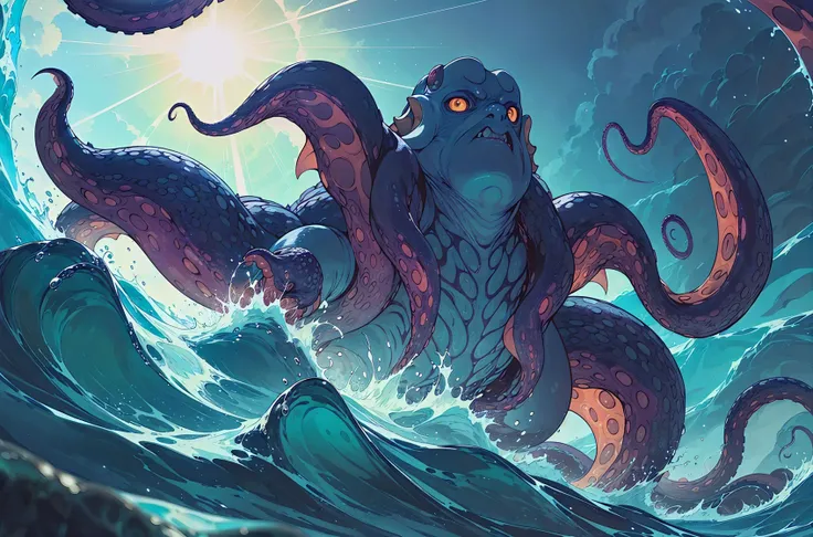 (best quality:1.1),original,demonic octopus witch emerging from water,(cinematic shot:1.2),(scaly skin:1.3),(tentacles:1.3),(hideous:1.4),(mutant:1.5),sunlight,overweight,giant,warts,ocean waves,action shot,movement,water splashing,lens flare
