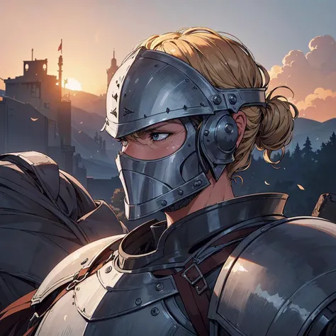 (best quality:1.1),original,medieval fantasy,female knight carrying helmet,looking down,close up portrait,solo,ruinous smoky battlefield,heavy armor,cape,blond hair,hair tied back,40 yo,wrinkle face,blemishes,exhausted,daytime,smoke billowing in the distance,depth of field