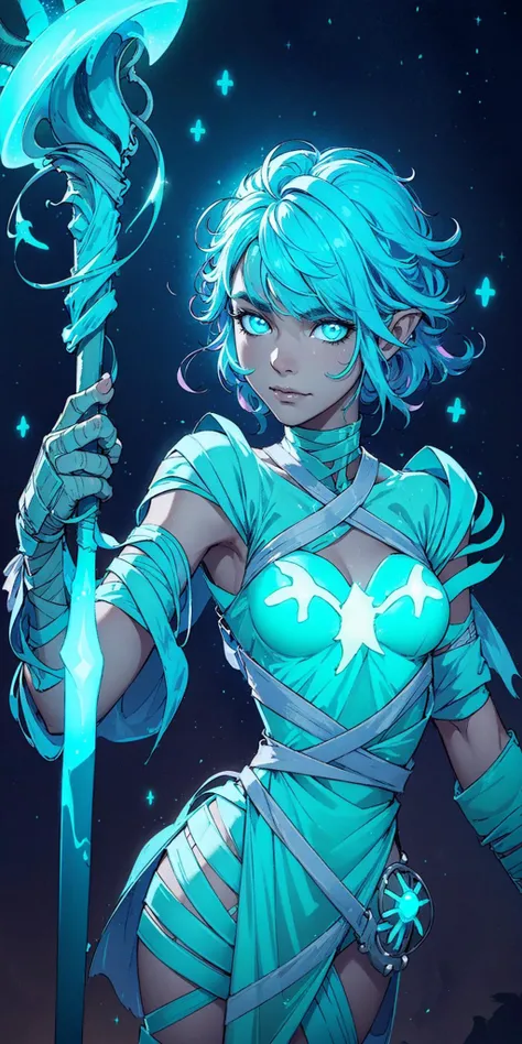 (best quality:1.1),original,medieval fantasy,female sorcerer,(bioluminescent:1.4),(vibrant:1.4),(bandaged:1.4),staff,in a dungeon,particle effects,(close up:1.2)