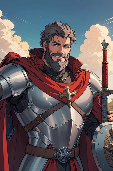 (best quality:1.1),original,medieval fantasy,(close-up:1.1),portrait,midday,(male:1.1) knight,sword and shield,heavy armor,(holy:1.2),(divine:1.2),(old:1.3),smile,red cape,short grey hair,muscular,beard