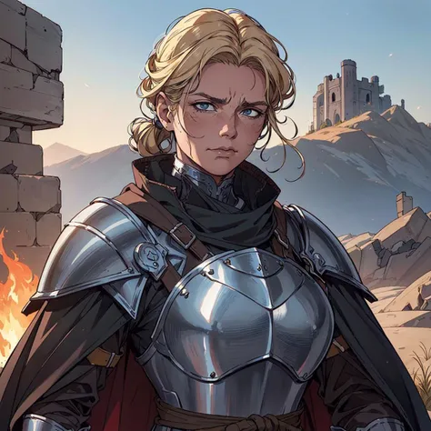 (best quality:1.1),original,medieval fantasy,female knight carrying helmet,looking down,close up portrait,solo,ruinous smoky battlefield,heavy armor,cape,blond hair,hair tied back,40 yo,wrinkle face,blemishes,exhausted,daytime,smoke billowing in the distance,depth of field