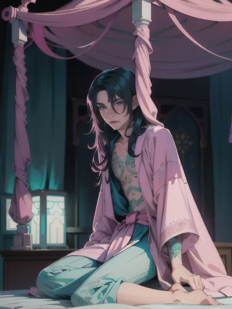 very pale skin male, sitting on a (hot pink canopy bed:1.2), young man, seductive look, (turquoise long hair:1.2), 1boy, solo, (robe:1.2), ((emo)), (arabian prince:1.2), rim lighting, very detailed background, ((arabian nights)), indoor, drapes, ((dawn)), tattoos