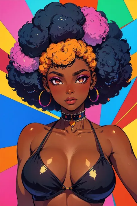 (best quality:1.1),original,1girl,chic,trendy,****pop,afro,dark skin,makeup,1970's,psychedelic