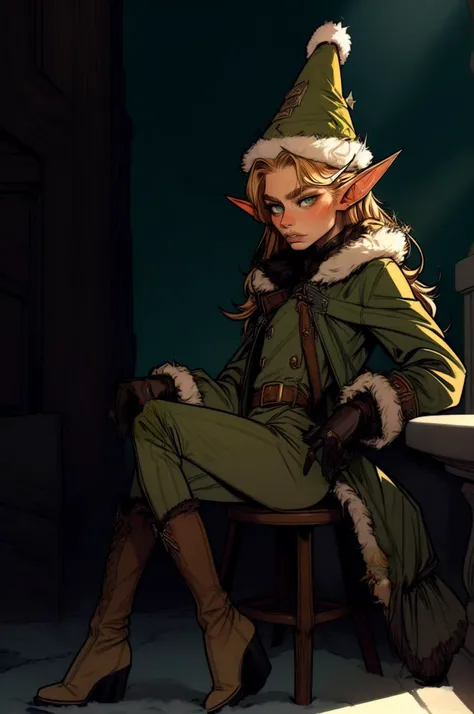 (masterpiece:1.3), <lora:Incase [MockAi - v1.0]:1>, cute, pretty, sitting, (elf ears:1.2), (sad), depressed, blonde hair, long hair, small lips, small mouth,  (green eyes:1.1), (sharp face features:1.4),  (cheekbones:1.2), slim, skinny, long warm coat,  (russian fur hat:1.3), holster, military, (biege:1.2) brown winter clothes, fur trim, uniform, black gloves, buttons, belt, biege fur-trimmed jacket, winter coat , cold, leather boots, <lora:add_detail:1>, night dramatic lighting,  <lora:boldline:0.5>