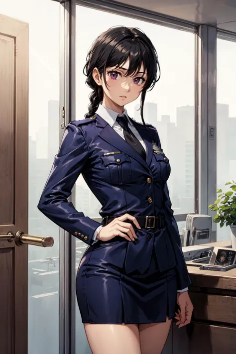 masterpiece,best quality,<lora:add_detail:0.3>,retro artstyle,police uniform,police woman,necktie,
<lora:Kizuki - Taiho Shichau zo - Kobayakawa Miyuki:0.7>,kobayakawa miyuki,black hair,purple eyes,long hair,medium breasts,single braid,low ponytail,sidelocks,