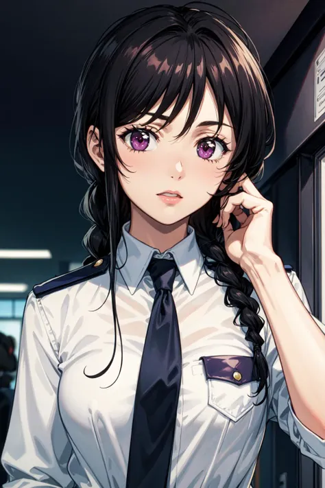 masterpiece,best quality,<lora:add_detail:0.3>,retro artstyle,police uniform,police woman,necktie,
<lora:Kizuki - Taiho Shichau zo - Kobayakawa Miyuki:0.7>,kobayakawa miyuki,black hair,purple eyes,long hair,medium breasts,single braid,low ponytail,sidelocks,