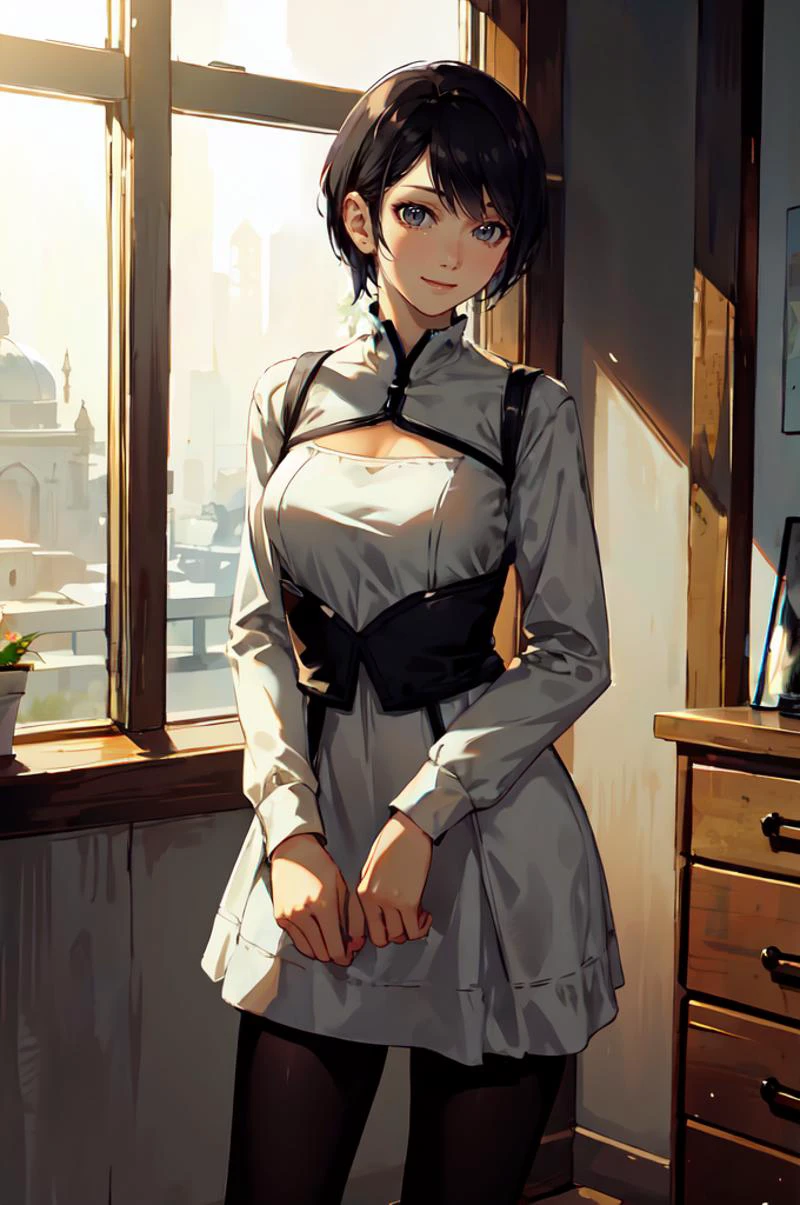 ultra detailed, masterpiece, best quality,
solo, soft smile, light smile,
<lora:DKara:1> DKara, short hair, black hair, dress, pantyhose,