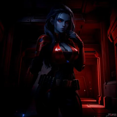 8k, masterpiece, ultra quality, unreal engine, <lora:Chiss:.8>, ChissF, red eyes, blue skin, star wars, sci-fi, infront of wall of tech, <lora:Environment - StarWars:.7> <lora:add_detail:.6>