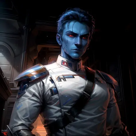 8k, masterpiece, ultra quality, unreal engine, <lora:Chiss:.8>, ChissM, red eyes, blue skin, white uniform, star wars, sci-fi, infront of forest with bushes <lora:add_detail:.6>