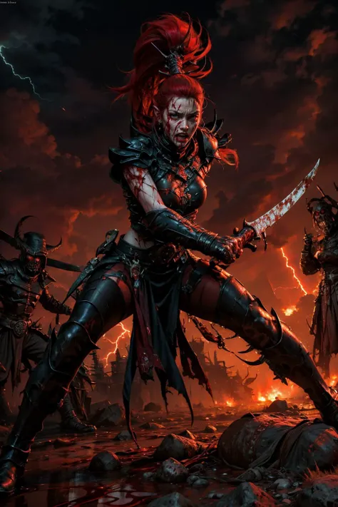 KarlachBG, 1girl, pointy ears, tattoo, axe, horns, solo, red skin, colored skin, weapon, breasts, blood, red hair, long hair, demon girl, multicolored hair, braid, black hair, o-ring
masterpiece, best quality,
<lora:add_detail:0.7>,<lora:epi_noiseoffset2:1>, <lora:KarlachBG:0.7>