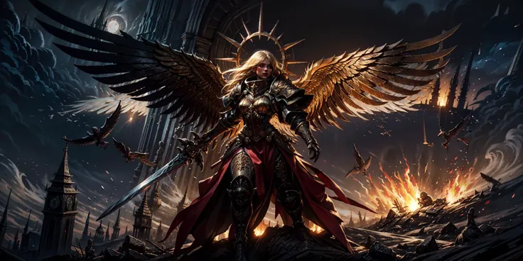 Generate a stunning art style, a true [masterpiece, ultra realistic, photorealistic] [best quality] of art. The image showcases [detailed linework], [dynamic shading], and [dramatic lighting], bringing to life a [dreading atmosphere, grim dark coloures, action shot, cinematic composition] . In the background a [gothic cathedral, warhammer 40k] is to be seen in [grand:1.8, high-scale:1.8, panorama:1.8] from [from below]. A celestine, solo:1.3 is [full body view, standing, flying above ] in front of the edge of a tower. It is holding a [power_sword in its righthand]. It is wearing a [detailed armor, detailed face, golden armor, weapon details, iron halo, angel, intricate ornamented, full armor, loin cloth, blonde hair, long hair, pretty face, skin pores, rugged, metallic armor].
<lora:Saint Celestine MK1 by CARAXES:0.7>