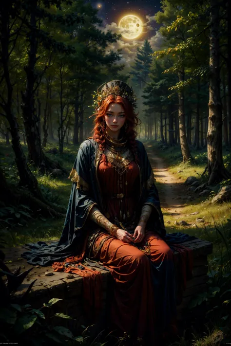 oil painting, druid queen, laurel, long red hair, flower braid, sitting, holding a glowing stone, beautiful face, smirk, trees, full moon, moonlight, starry sky, shooting star, at night, bush, grass, in forest, (foggy forest in background:1.1) BREAK dark theme, impressionism, fine art,, van gogh style, masterpiece, best quality, ultra_detailed, highres, absurdres, 8k wallpaper, 8K raw photo, dynamic lighting, cinematic lighting, highly detailed, official art,flawless, sharp focus, exquisite details and textures, delicate and beautiful, absurdres, ray tracing, g0s1 <lora:tools/epiNoiseoffset_v2> <lora:tools/add_detail:0.5> <lora:tools/colorize> <lora:themes/g0s1 - Ghost:0.3>