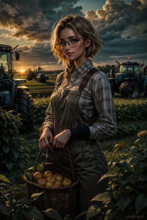 best quality, masterpiece, ultra-detailed, portrait,  gorgeous 24 yo farmer girl, in a fruit garden, farmer outfit, unbuttoned, red headscarf, revealing outfit, short blonde hair, laced hair, smiling, perfect curves, cleavage, smiling,  (soft light, sharp), artistic, dimly lit, moody lighting  <lora:epiNoiseoffset_v2>