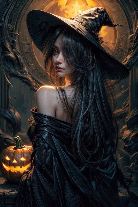 Create a mesmerizing masterpiece inspired by [bichu] and [Greg Rutkowski], reminiscent of the style of (Simon Bisley). This detailed and intricate oil on canvas, dry brush illustration showcases a young witch in a haunting Halloween setting.
In the heart of a moonlit night, a quaint witch's hut stands amidst a sprawling pumpkin field. The field is ripe with vibrant, orange pumpkins, their round forms glinting in the pale moonlight. A welcoming jack-o'-lantern sits at the doorstep of the hut, casting a warm, flickering glow, while a friendly scarecrow stands guard in the midst of the pumpkins.
The young witch herself is a captivating presence. She wears a dark, tattered robe with exposed shoulders and a tall, pointy hat, adding an air of mystique to the eerie night. Her delicate features are softly illuminated by the jack-o'-lantern's light, lending an enchanting quality to her appearance.
She stands tall with [delicate small breasts] and a [delicate slim petite figure], her face bearing a [sad:1.2] expression that hints at ancient secrets. [Flushed cheeks] and a defined jawline frame her [beautiful] [perfect] [highly detailed] features, while [full cheeks] display intricate [detailed contours] and [cute dimples]. Her face is adorned with [face highlighter] and [dark makeup], featuring [delicately proportioned features], including a [long defined chin], [high cheekbones], and a [nose with a slight upturn at the tip] set atop a [narrow nose bridge]. Her [downturned:1.4] [soft lips] exude a [sad] expression and are graced with [natural light pink lipstick]. Her [detailed upturned inquisitive eyes] boast a piercing [hypnotizing gaze], with irises of [light blue], framed by [thin small hard angled eyebrows]. They are further enhanced with [black winged eyeliner], long eyelashes, and [black eyeshadow]. Her pale, glossy skin boasts [visible skin pores], radiating with [moisture] and [health].
Completing her mesmerizing look, her straight, sleek, raven-black hair features subtle [blue highlights], cascading around her like the tendrils of a haunting melody.  <lora:more_details:0.5> <lora:add_detail:0.5>    <lora:bichu-v0612:0.5>  <lora:hairdetailer:0.5> <lora:detailed_eye:0.> <lora:HairOverOneEye_LOCO_s:2>