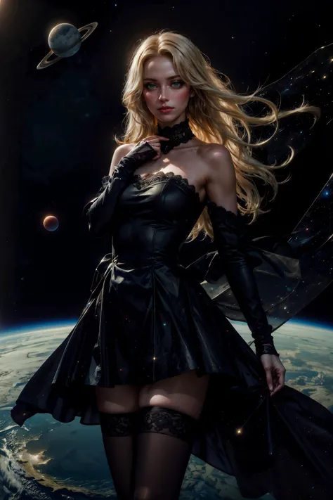 best quality, masterpiece, photorealistic, ultrarealistic,   professional photograph shot on Canon EOS R6, 80mm, moody lighting,  1girl, (beautiful 24 yo swedish girl), (planet earth in the background, space background), black thighhighs, black lace dress, strapless, romantic, solo, detailed eyes, looking at viewer, beautiful, looking at viewer,  embarrassed, (nighttime, dark theme), fantasy, from front, arched neck, looking at viewer playfully, smirk, low key, dimly lit, Romanticism, (cosmic) BREAK (long blonde hair, straight hair:1.2)   <lora:tools\epiNoiseoffset_v2>