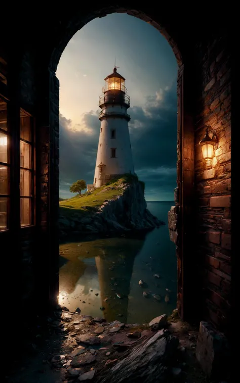 cinematic film still, lighthouse, sea, rock, wood house, (masterpiece), ((ultra-detailed)), (highly detailed CG illustration), intricate details, detailed texture, strong shadow, Cinematic Light, Depth of field, light source contrast, perspective, art by Raphael Lacoste, shallow depth of field, vignette, highly detailed, high budget Hollywood movie, bokeh, cinemascope, moody, epic, gorgeous, film grain, grainy <lora:Style_Cinemagic_Vision:0.5>