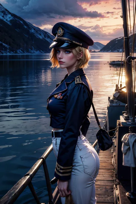 best quality, masterpiece, photorealistic, ultrarealistic, professional photograph shot on Canon EOS R6, 80mm, 1girl, (moody lighting:0.8), (beautiful 24 yo swedish girl:1.05), admiral, standing on a ship deck, sailing the seas, solo, detailed eyes, sad face, beautiful, looking at viewer, embarrassed, water, confident pose, stormy sea, storm, wind, (dark theme:1.15), large breasts, perfect curves BREAK (short blonde hair, laced hair:1.2) BREAK white parade pants, blue admiral uniform, blue parade uniform, admiral hat <lora:body/GoodHands-beta2:1.0> <lora:tools/epiNoiseoffset_v2:0.7>