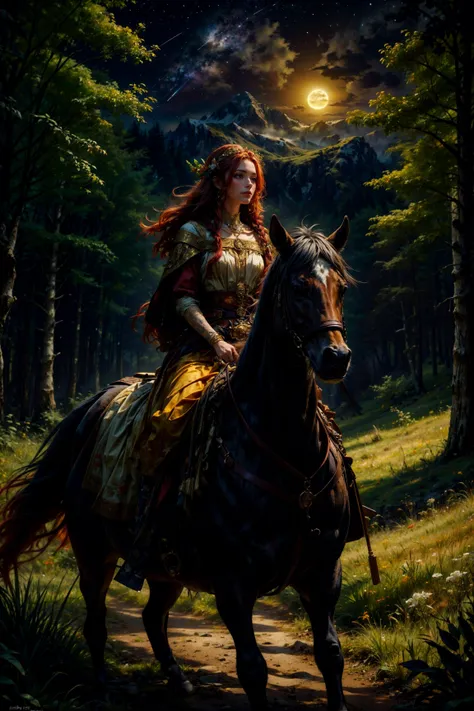 Masterpiece, A half body shot of beautiful Scottish woman noble wearing a Vivienne Westwood outfit, riding on a black stallion with black leather saddle, Bamburgh Castle in the background,  very detailed, Cinematic lighting, with volumetric rays and bloom effect in the style Greg Rutkowski, dramatic lighting ,clouds at sunset,  rainbow:.4, photorealistic digital art trending on Artstation 8k HD high definition detailed realistic, Style-Kilt:.5