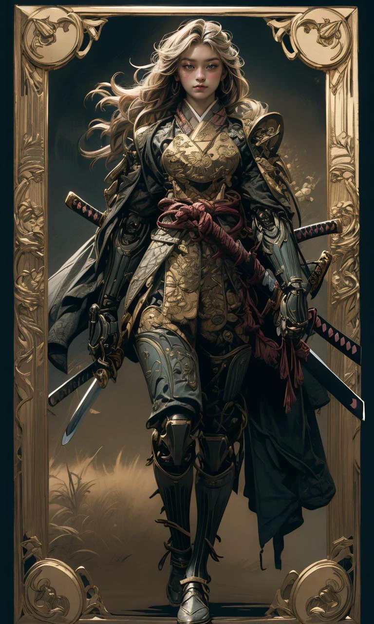 1girl, portrait of a girl, Columbia Green and black samurai armor, robotic, mechanical arms, ((one sword)) <lora:CL-ARWsamurai:0.85> SAMURAI ARMOR <lora:CL-Samuraibot:0.75> samurai, full body, long flowing hair, golden hair, blue eyes, contrapposto, <lora:EF-Painted_poster_V1:0.75> Painted poster, 1girl <lora:ST-Alphonse Mucha:0.25> alphonse mucha<lora:EF-GoodHands-beta2:0.5><lora:EF-GoodHands-beta2:0.5>