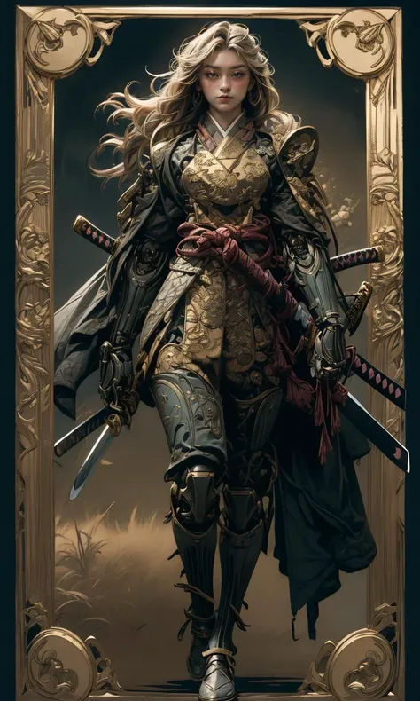 1girl, portrait of  a girl, Columbia Green and black samurai armor, robotic,  mechanical arms, ((one sword)) <lora:CL-ARWsamurai:0.85> SAMURAI ARMOR <lora:CL-Samuraibot:0.75> samurai, full body, long flowing hair, golden hair, blue eyes, contrapposto,  <lora:EF-Painted_poster_V1:0.75> Painted poster, 1girl <lora:ST-Alphonse Mucha:0.25> alphonse mucha<lora:EF-GoodHands-beta2:0.5><lora:EF-GoodHands-beta2:0.5>