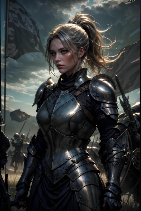 Ultra-realistic 8k, (courage emanating:1.3) from her resolute stance, (gaze unwavering:1.2) and full of determination, (armor glistening:1.3) under the battle-worn sun, dark theme, low key, dimly lit, night, 1 knight, upper body, standing tall in an (open battlefield:1.2), (reflective plate armor:1.3) adorned with intricate engravings of her lineage, (blade raised:1.2) in a symbol of readiness, the (weight of her shield:1.2) balanced with expertise, symbolizing her seasoned experience, Emulating the precision of (hyper-realistic artwork:1.3), detailing the dents and scratches of countless battles, the backdrop a vast expanse with (fluttering banners and charging cavalry:1.2) in the distance, (Embodiment of bravery:1.2), (feminine strength in a male-dominated field:1.3), (shadows casting dramatic contrasts:1.2) on her figure, (palette of metallic silvers and deep blues:1.3), (artistic representation:1.2) of honor, duty, and valiance BREAK (blonde hair, ponytail:1.2) <lora:epiNoiseoffset_v2>