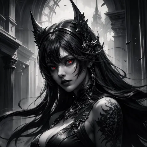 A darkly magnificent raven demon, cloaked in gothic allure, exudes an eerie beauty that transcends the shadows. Its sleek, obsidian feathers shimmer with a subtle sheen, contrasting sharply against blood-red eyes that seem to pierce the very soul. The image, possibly a digital painting, captures the creature in exquisite detail, showcasing intricate horned features and ethereal wisps of darkness engulfing its form. This haunting masterpiece is a testament to the artist's skill and ability to evoke a sense of otherworldly mystique.