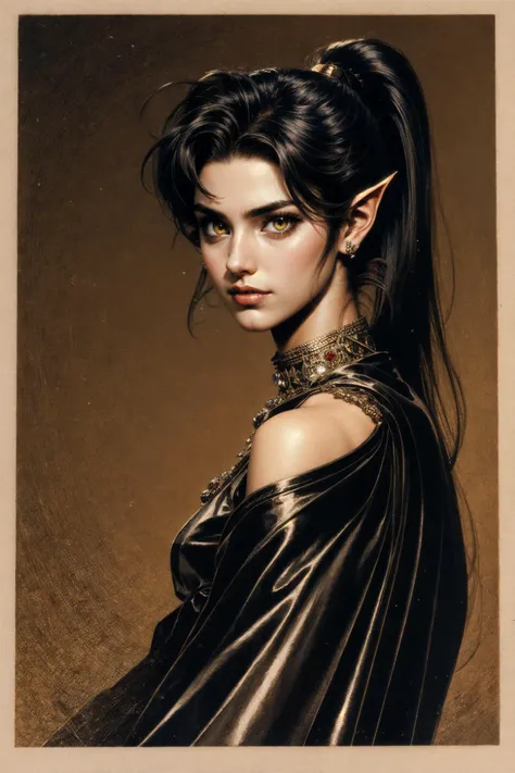 RG Veda,solo,1girl,black hair,jewelry,yellow eyes,long hair,pointy ears,retro artstyle,ponytail,traditional media,<lora:RG Veda:0.6>,