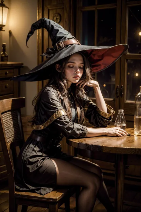 (little witch:1.2),  (witch hat:1.2), (cute:1.2), (extremely bored:1.2), (disinterested:1.2), (taking a nap:1.3), (sitting at a table:1.2), BREAK,
(alchemy lab:1.2), (lab equipment:1.2), (magical potions:1.0), (magical:1.0), (enchanting:1.2), (starry night:1.0), BREAK,
(masterpiece:1.4), (4k:1.2), (extreme resolution:1.2), (highly intricate:1.2), (studio quality:1.2), (extremely detailed:1.2), (beautiful and aesthetic:1.4)