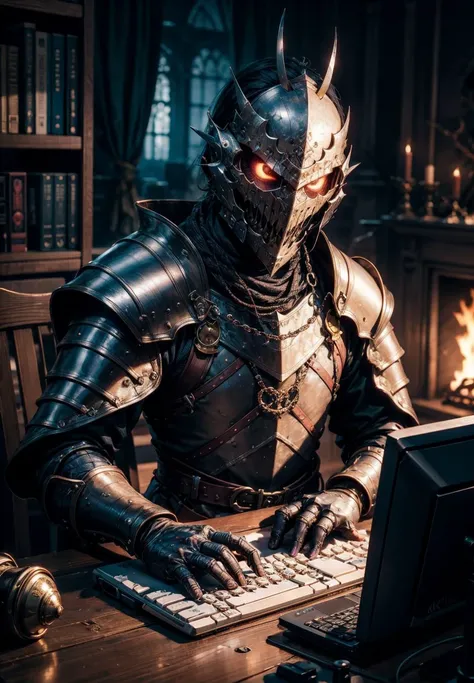 official art, unity 8k wallpaper, ultra detailed, beautiful and aesthetic, High quality, beautiful, masterpiece, best quality, (zentangle, mandala, tangle, entangle:0.6), dark souls, a knight typing on a computer