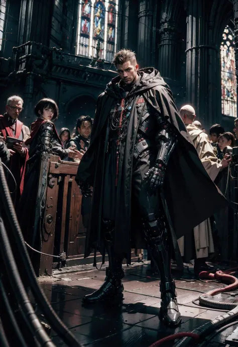 1man, short hair, black robe, robot, science fiction, android, cable, mechanical arms, unholy priest, cables, in church, dynamic angle, looking at viewer, dated, 90s, bladerunner, cyberpunk
<lora:biomanic:0.8> <lora:LowRa:0.5>