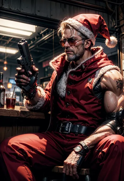 (masterpiece:1.2), high quality shadow, 1man, rugged man, buff, cool, sunglass, holding a machine gun, angry look, badass, (high detailed skin, skin details), (wide landscape, 8k), depth of field, highres, best illumination, dress, blood drops in head, big rugged old man with a white beard holding a gun, wearing a cyberpunk red santa suit, Santa clause, red santa suit, snowing, hazy, science fiction, android, cable, mechanical arms, cables, dynamic, cyberpunk, sitting at a bar with hot women elves <lora:biomanicog:0.7>