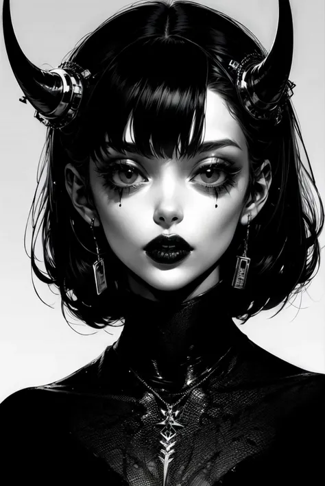 1girl, cute girl, sexy, solo, looking at viewer, monochrome, greyscale, bunt bangs, black hair, parted lips, horns, black background, portrait, cyberpunk, tragic, gothic
<lora:GRIMM_v1-000015:0.6> <lora:cyber_punk_manicPanic_v3.5:0.5>