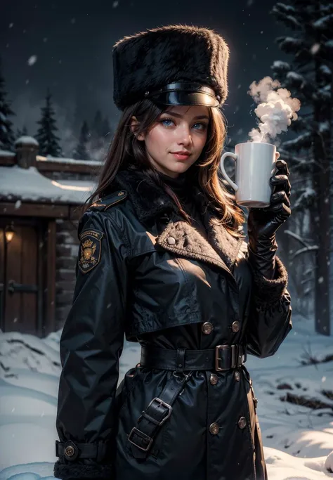 (((masterpiece, best quality, illustration, extremely detailed, 8k, 4k, 2k))), ((extremely detailed eyes)), (high res), (1girl), (long brown hair), (blue eyes), (realistic), (blue eyes), ((black military trench coat)), (buttons), (black gloves), ((holding mug)), (steam), ((snowing)), ((tundra background)), (black military fur hat)), (epaulettes), (belt), (closed mouth), (smile), (nose), (cowboy shot), (looking at viewer)