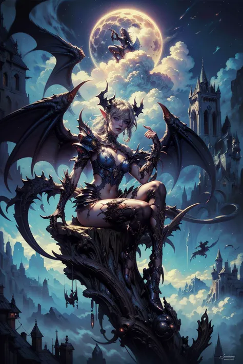 1woman in a dramatic pose with platinum long flowing hair, strong emotions, dragon tamer, full body portrait, horns on head, detailed facial features, photorealistic, dramatic lighting, fantasy, cinematic, intricate details, vibrant colors, digital painting