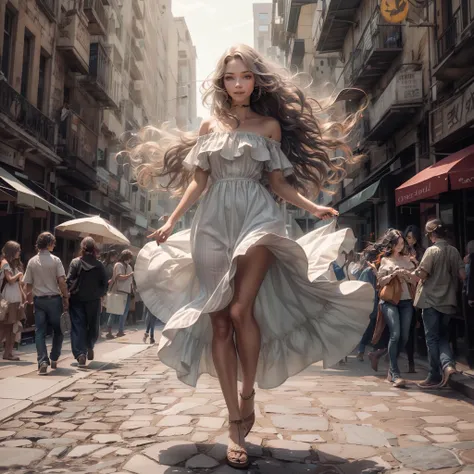 1woman, very long wavy hair, Balancing, pretending to walk on a tightrope, Striped off-the-shoulder ruffle hem dress, split-color hair, slight light smile,