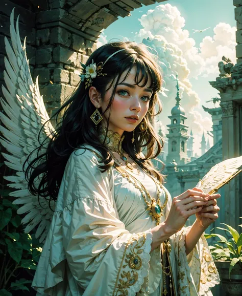 official art, unity 8k wallpaper, ultra detailed, beautiful and aesthetic, High quality, beautiful, masterpiece, best quality, (zentangle, mandala, tangle, entangle:0.6), 1 angel with wings, white cloth,white long hair, plants,green wall,close-up, cinematic,dark,glowwave, light particles, smoke, dust cloud, cloud, looking at viewer, ancient palace,
