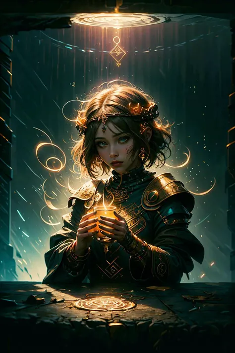 official art, unity 8k wallpaper, ultra detailed, beautiful and aesthetic, High quality, beautiful, masterpiece, best quality, (zentangle, mandala, tangle, entangle:0.6),
1 girl, adult (elven:0.7) woman, brown eyes, medium brown straight hair,
(style-swirlmagic:1.0), character focus, portrait, looking at viewer, solo, half shot, detailed background, detailed face, (<lora:style_GlowingRunesAIV6:0.8>, GlowingRunesAIV2_paleblue, glowing runes theme:1.1) holy oracle, gentle expression, veiled, dynamic pose, temple, altar, divine light, divine aura, (candelabra:0.8), embroidery, swirling lights emanating, chalice, petals, high fantasy style, gold, reflections, holy fire,