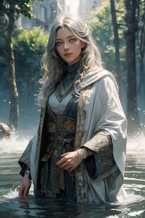 realistic, masterpiece, best quality, colorful,(finely detailed beautiful eyes and detailed face),nature lighting, extremely detailed CG unity 8k wallpaper,
1girl,solo, tall mature female, elegant, noble,
Clothes: intricate wizard robe,
Appearance: silver hair, light colored pupils, handsome,
background: wading, <lyco:FilmGX2:0.4>