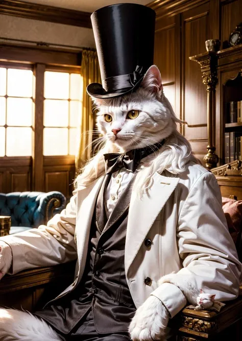 a white fluffy cat, with a top hat, in a room chilling like a villian
