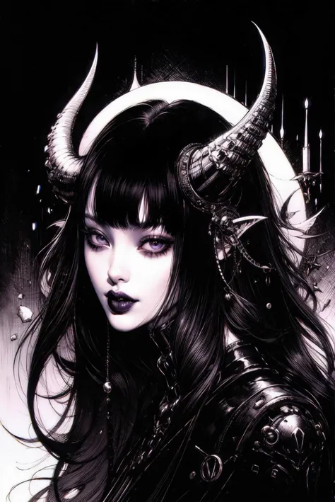 (masterpiece, top quality, best quality, official art, beautiful and aesthetic:1.2), 1girl + 1man, (cute girl side by side a demon man:1), sexy, solo, looking at viewer, monochrome, greyscale, bunt bangs, purple eyes, black hair, long hair, parted lips, horns, black background, cyberpunk, gothic, biopunk, romantic, looking up
<lora:GRIMM_v1-000015:0.6> <lora:cyber_punk_manicPanic_v3.5:0.5> <lora:YOSHITAKA AMANO Style:0.3>