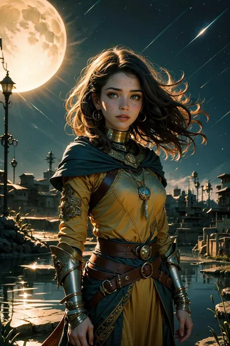 official art, unity 8k wallpaper, ultra detailed, beautiful and aesthetic, High quality, beautiful, masterpiece, best quality, (zentangle, mandala, tangle, entangle:0.6),
1 girl, adult woman, freckles, green eyes, light brown fringe hair,
portrait, solo, half shot, looking at viewer, detailed background, detailed face, (high fantasy medieval theme:1.1) middle-eastern desert warrior, dark orange persian armor, clothes, shawl, tribal motifs, walking, smirk, north-african culture, lotus pond in background, wind blowing, night sky, fantasy atmosphere,