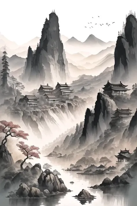 no humans, tree, architecture, east asian architecture, scenery, building, white background, fog, outdoors
<lora:Style Chinese_Ink_Painting:0.8>