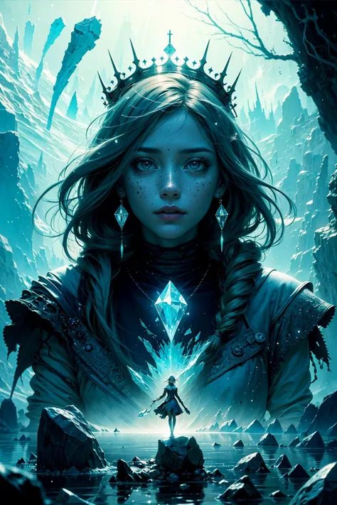 official art, unity 8k wallpaper, ultra detailed, beautiful and aesthetic, High quality, beautiful, masterpiece, best quality, (zentangle, mandala, tangle, entangle:0.6),
1 girl, adult woman, freckles, light blue eyes, gray dutch braid,
looking up, solo, half shot, detailed background, close up, cold detailed face, (sinister (DarkFantasy:0.8) theme:1.1), crystal mage, levitating, dynamic pose, earth themed clothes, crystal crown, floating in the air, glowing magical crystals, surrounded by white minerals, jade, rock formations, crystalline pattern, magical floating particles, crystal glass, crystal dust, icy underground cave background, (shallow water:0.7), intense cinematic ethereal atmosphere, reflections, updraft,