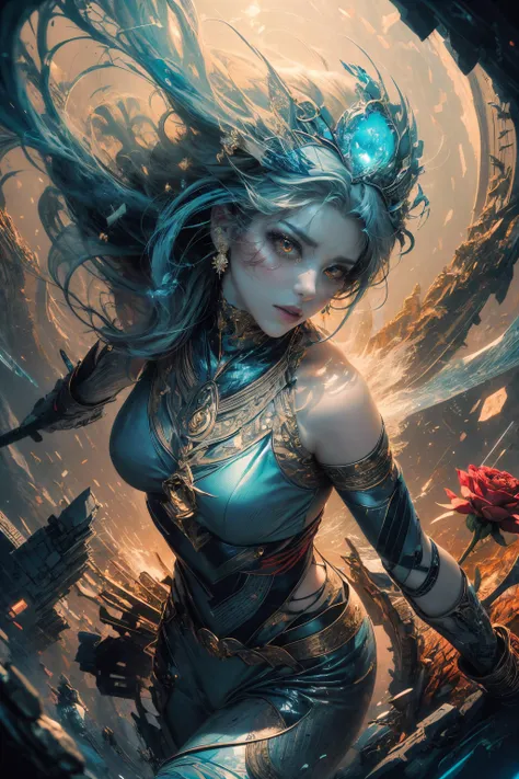 1girl,light blue hair,long hair,red eyes,expressionless,dullyarts,flower field,gorgeous costume,kingly,holding roses,concept art,colorful palette,fallen-leaves,fine art parody,(photorealistic),(abstract background, zentangle, fractal art:1.3),official art,unity 8k wallpaper,ultra detailed,beautiful and aesthetic,masterpiece,best quality,(dynamic angle),(dynamic pose),glowing skin,(floating colorful sparkles:1) the most beautiful form of chaos,elegant,a brutalist designed,vivid colours,romanticism,classic<lora:classic_pen:0.4><lora:add_detail:0.5>,<lora:beautifulDetailedEyes_v10:0.5>,<lora:Asian girls faceV2:0.5:FACE>,