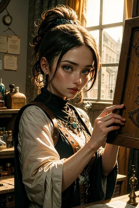 zrpgstyle, sexy senorita bandito western RPG character brunette hair upsweep updo corset (straps buckles:1.1) blue dress indoors desert ruins cantina colorful interior liquor bottles Clutter-Home windy dust debris volumetric fog bright morning light through large window (masterpiece:1.2) (best quality:1.2) (detailed) (intricate) (8k) (HDR) (cinematic lighting) (sharp focus)