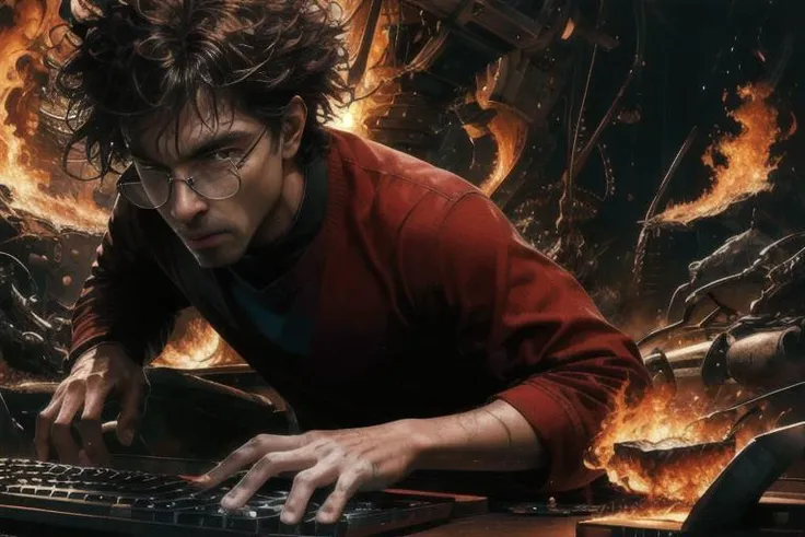 masterpiece, sharp focus, 8k, highly detailed, best quality, ultra detailed, ultra high res, (photorealistic:1.2),
A male designer, solo, Eyeglasses, Crazy expression, Sweating profusely, (irritability:1.2), (Crazy:1.2), (Tapping the computer keyboard:1.3), burn with fire, Exaggerated movements, Strenuous movements, looking at viewer, dramatic angle, Late Night,
<lora:epiNoiseoffset_v2:0.9>
